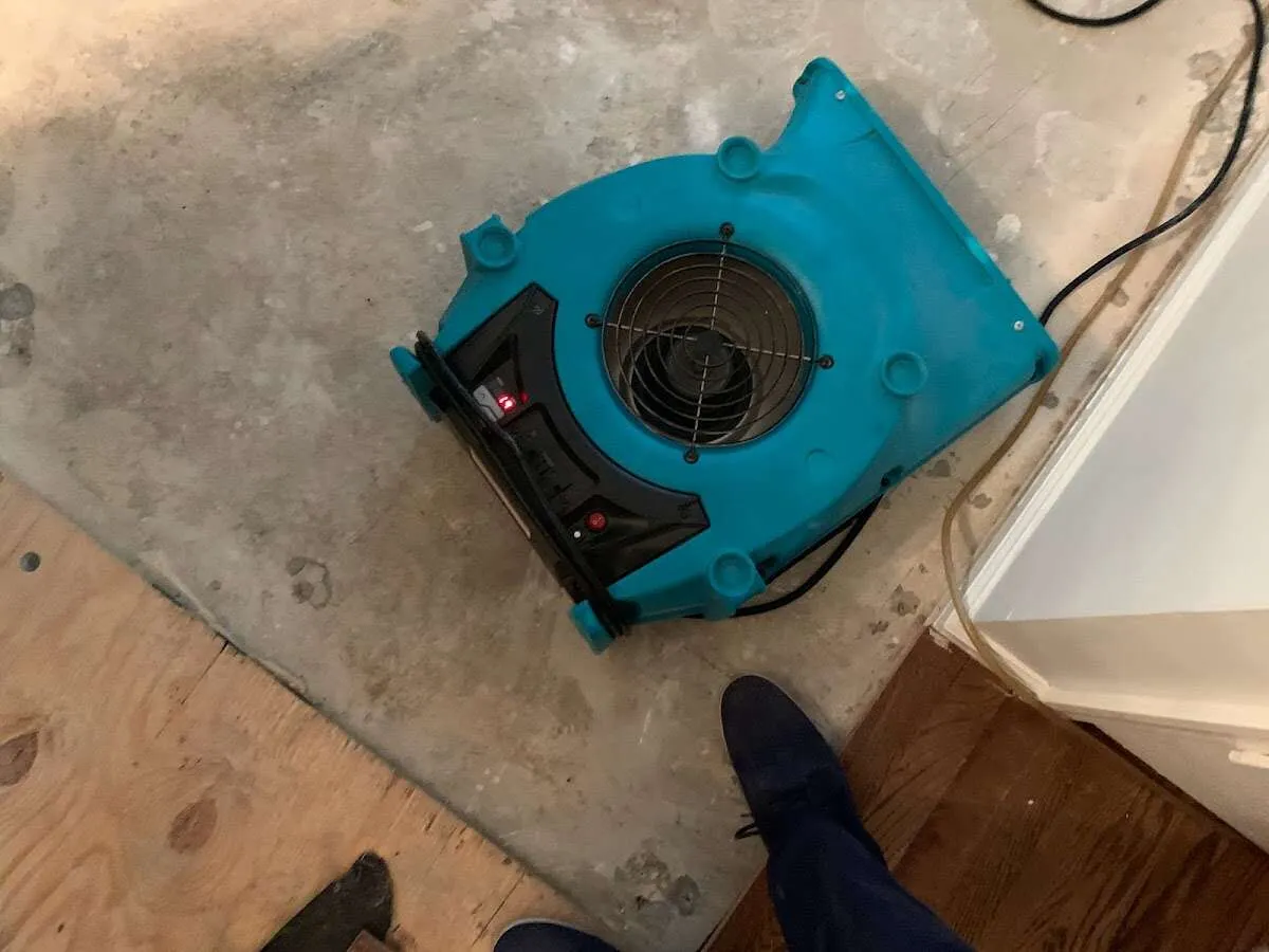 Air mover drying subfloor during Leak Detection & Repair in Youngsville